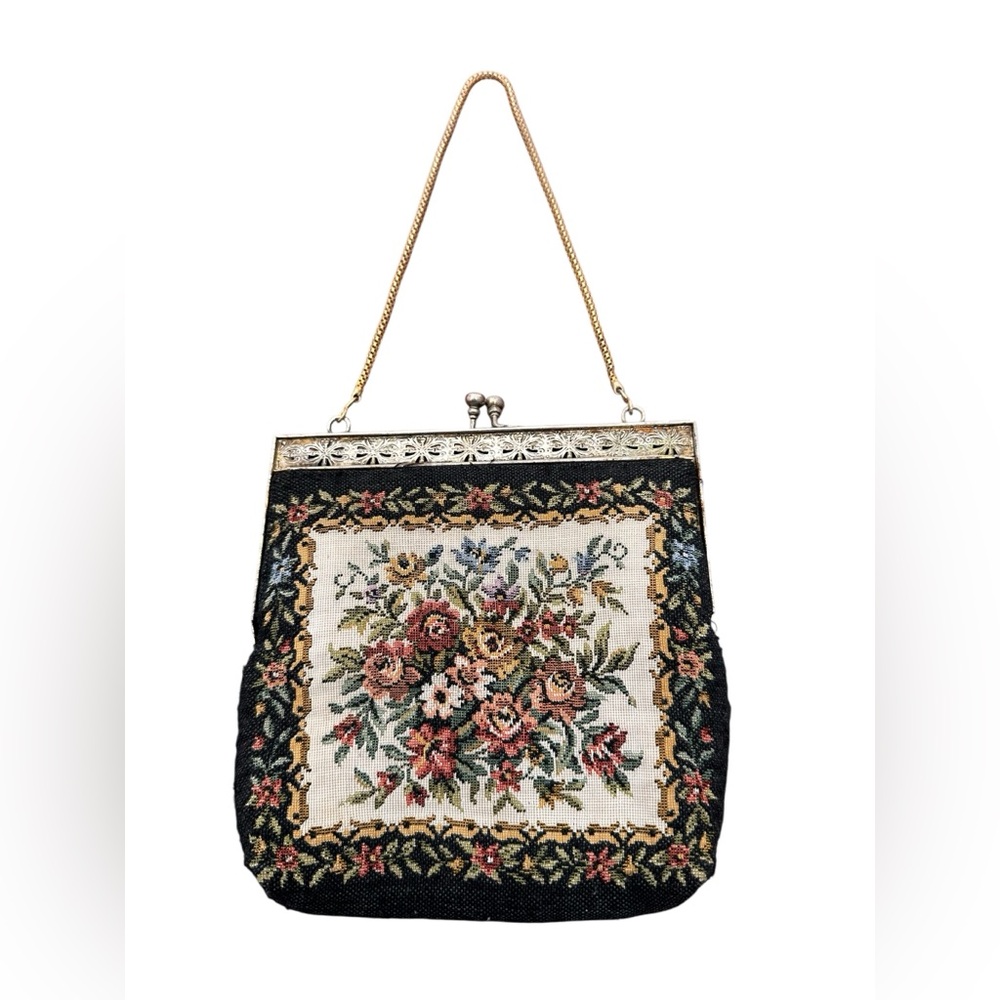 Vintage floral tapestry Princess Style kiss lock evening purse with gold chain